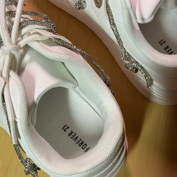 White Sneakers with Silver Accents with Rhinestone Lace - Picture 11 of 12